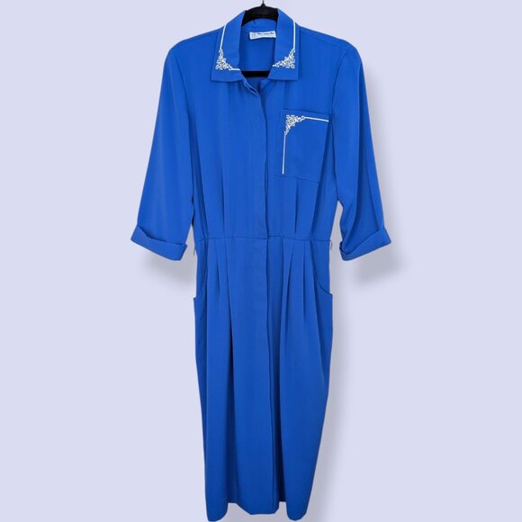 🍁V. Nu-Mode Blue Embroidered 3/4 Sleeve Dress - Picture 6 of 8